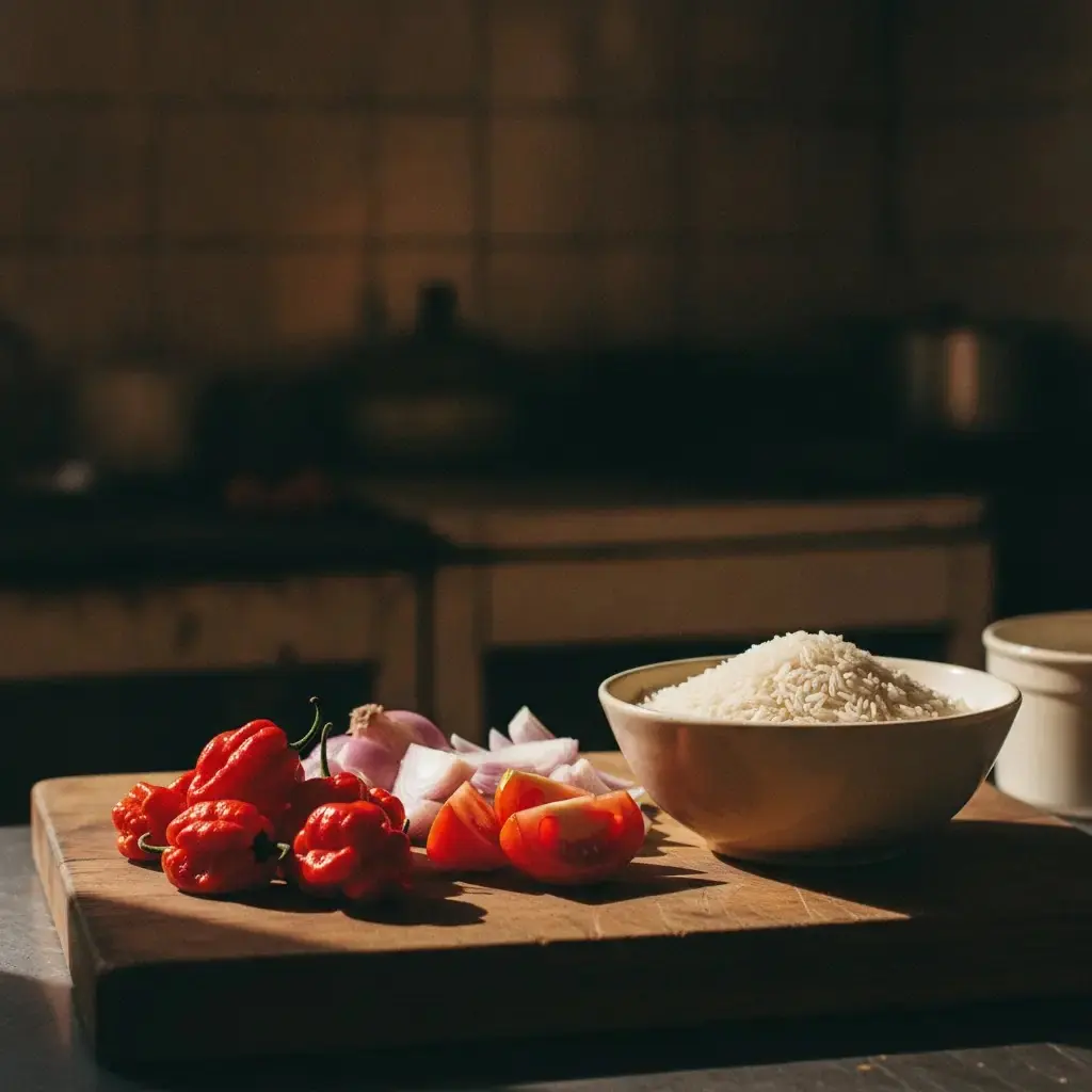 A bowl of red peppers, onions and scotch bonnets beside a wooden spoon on a steel kitchen surface.