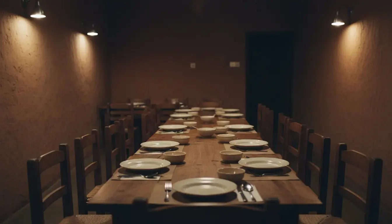 A long plain table and chairs in a small quiet dining room, with a serving counter softly out of focus behind.