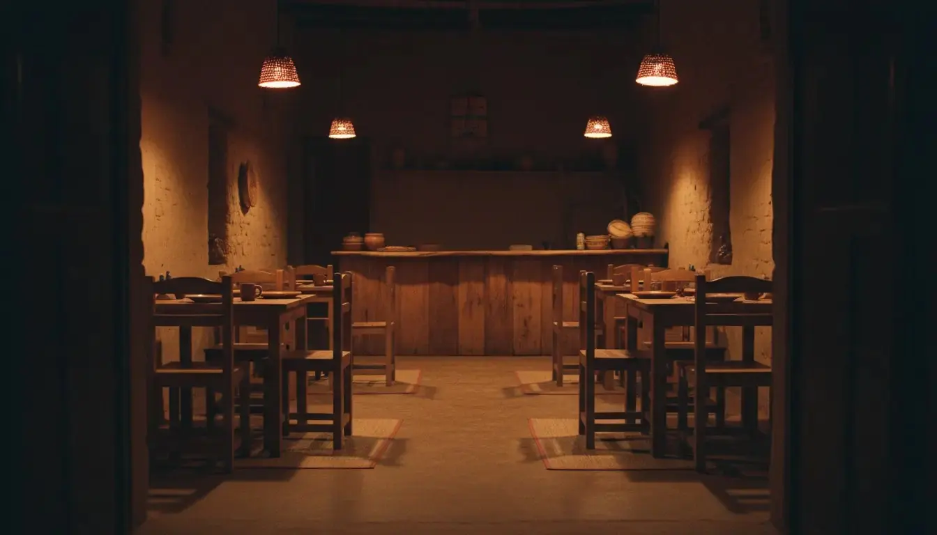 A small plain dining room at the end of service, tables empty and the counter bare.